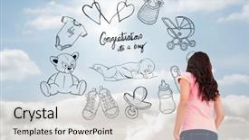  Presentation with stepping - Audience pleasing PPT theme consisting of baby thinking - pretty brunette stepping against cloudy backdrop and a light gray colored foreground