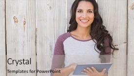  Presentation with bleached - Beautiful presentation theme featuring pretty brunette using a tablet pc against bleached wooden fence backdrop and a light gray colored foreground