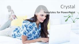  Presentation with social isolation - Colorful PPT layouts enhanced with pretty brunette using her laptop lying on her bed at home working from home in quarantine lockdown social distancing self isolation backdrop and a cool aqua colored foreground