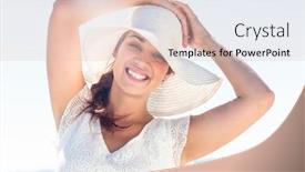  Presentation with what is thing used in looking for far object - Audience pleasing PPT theme consisting of pretty brunette wearing sunhat and looking at camera at the beach backdrop and a lemonade colored foreground