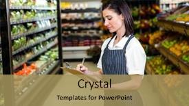  Presentation with post it note - PPT theme consisting of pretty brunette woman taking note in aisle in supermarket background and a coral colored foreground