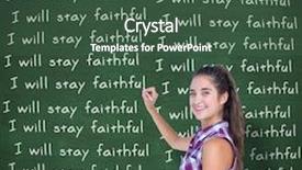  Presentation with green notebook - Slide deck enhanced with pretty brunette writing and holding notebook against green chalkboard background and a ocean colored foreground