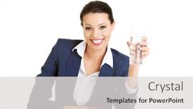 Presentation with mineral - Amazing PPT layouts having pretty business woman sitting at the desk and holding mineral water in glass backdrop and a light gray colored foreground