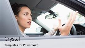  Presentation with road safty - PPT theme consisting of pretty businesswoman experiencing road rage background and a light blue colored foreground