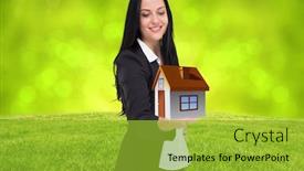  Presentation with glowing lights - PPT theme with pretty businesswoman presenting with hand against field against glowing lights background and a gold colored foreground