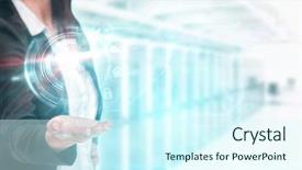  Presentation with glow - Colorful theme enhanced with pretty businesswoman presenting with hand against black technology interface with glow backdrop and a cool aqua colored foreground