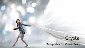  Presentation with white blank notebook silver - Audience pleasing PPT layouts consisting of pretty businesswoman pulling white blank backdrop and a light gray colored foreground