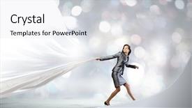  Presentation with blank - Audience pleasing slide deck consisting of pretty businesswoman pulling white blank backdrop and a sky blue colored foreground