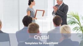  Presentation with prize - Beautiful slide deck featuring pretty businesswoman receiving prize backdrop and a mint green colored foreground