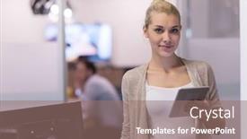  Presentation with front office - Colorful PPT theme enhanced with pretty-businesswoman-using-tablet backdrop and a coral colored foreground