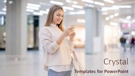  Presentation with scrolling - Beautiful presentation design featuring pretty casual woman scrolling in smartphone while searching for online goods inside large contemporary mall or trade center backdrop and a lemonade colored foreground
