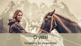  Presentation with horse head - Slide set consisting of pretty cheerful woman with horse background and a soft green colored foreground