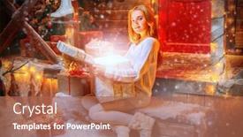  Presentation with miracles - Amazing PPT layouts having pretty child girl sits on the porch of a house decorated for christmas and opens a gift box and surprises time for miracles backdrop and a coral colored foreground