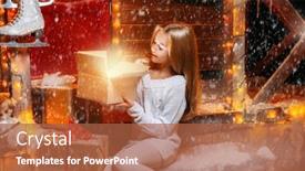  Presentation with miracles - Amazing slides having pretty child girl sits on the porch of a house decorated for christmas and opens a gift box and surprises time for miracles backdrop and a red colored foreground