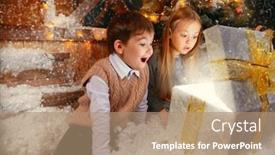  Presentation with miracles - PPT theme enhanced with pretty children are sittig on the porch of a house decorated for christmas opening a gift box and getting surprised time for miracles background and a coral colored foreground