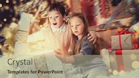  Presentation with miracles - Slide deck with pretty children sit on the porch of a house decorated for christmas and open a gift box and surprises time for miracles background and a mint green colored foreground