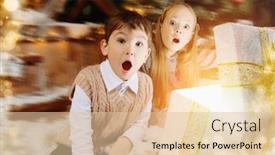  Presentation with miracles - Slide set consisting of pretty children sit on the porch of a house decorated for christmas and open a gift box and surprises time for miracles background and a lemonade colored foreground