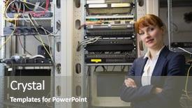 Presentation with server - Cool new presentation theme with pretty computer technician smiling at camera beside server in large data center backdrop and a gray colored foreground