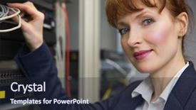  Presentation with server - Audience pleasing presentation consisting of pretty computer technician smiling at camera while fixing server in large data center backdrop and a wine colored foreground