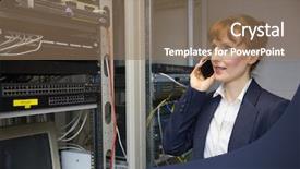  Presentation with server - Cool new presentation theme with pretty computer technician talking on phone beside open server in large data center backdrop and a coral colored foreground