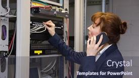  Presentation with server - PPT theme consisting of pretty computer technician talking on phone while fixing server in large data center background and a tawny brown colored foreground