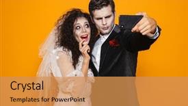  Presentation with creepy - Colorful slide set enhanced with pretty creepy man and woman backdrop and a gold colored foreground