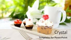  Presentation with white plate - Colorful PPT theme enhanced with pretty cupcakes in white plate backdrop and a  colored foreground