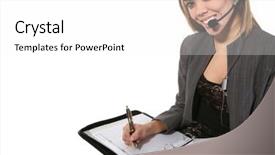  Presentation with taking notes - Presentation theme featuring pretty customer service woman taking background and a white colored foreground