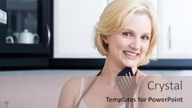  Presentation with utensils - Amazing presentation theme having pretty cute young blond woman holding kitchen utensils in the kitchen backdrop and a coral colored foreground