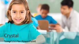  Presentation with elementary - Amazing slide set having pretty elementary school student in classroom backdrop and a cyan colored foreground