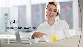  Presentation with notepaper - Colorful theme enhanced with pretty employer pointing at notepaper backdrop and a light gray colored foreground