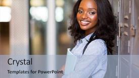  Presentation with student - Cool new slide deck with pretty female african student standing backdrop and a light blue colored foreground