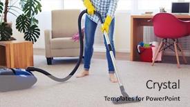  Presentation with cleaning - Beautiful presentation theme featuring pretty female cleaning with vacuum backdrop and a light gray colored foreground
