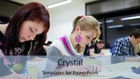  Presentation with color full - Slide deck with pretty female college student sitting in a classroom full of students during class shallow dof color toned image background and a light blue colored foreground