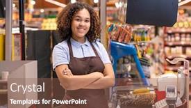  Presentation with products supermarket - Cool new PPT layouts with pretty-female-in-apron-standing backdrop and a tawny brown colored foreground