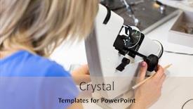  Presentation with optometrist - PPT theme having pretty-female-optometrist-measuring-newly background and a coral colored foreground