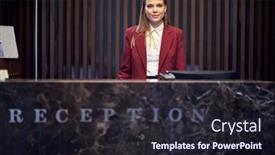  Presentation with tourism business - Colorful slide set enhanced with pretty-female-receptionist-behind backdrop and a wine colored foreground