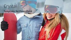  Presentation with resort - Slides having pretty female snowboarder in winter activewear looking at camera during vacation at sportive resort with her boyfriend near background and a light blue colored foreground