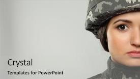  Presentation with grey - Audience pleasing PPT theme consisting of pretty female soldier on grey background closeup backdrop and a light gray colored foreground