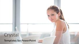  Presentation with university - Beautiful presentation theme featuring pretty-female-student-at-university backdrop and a white colored foreground