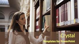  Presentation with university library - PPT theme enhanced with pretty female student standing background and a tawny brown colored foreground