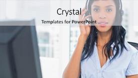  Presentation with camera - Presentation theme having pretty females - pensive operator looking at camera background and a  colored foreground