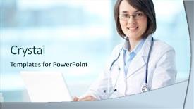  Presentation with physician - Slide set having pretty females - portrait of a smiling physician background and a cool aqua colored foreground