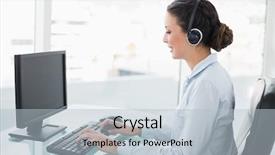  Presentation with operating systems computer - Cool new PPT theme with pretty females - smiling stylish brunette operator using backdrop and a light blue colored foreground