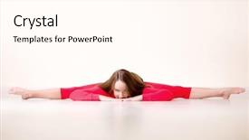  Presentation with flexible - Audience pleasing PPT theme consisting of pretty flexible dancer woman sit on floor in dance studio and stretching backdrop and a white colored foreground