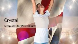 Presentation with england football - Presentation theme consisting of pretty football fan in white cheering holding england flag against large football stadium under blue sky background and a lemonade colored foreground