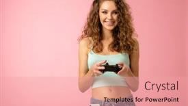  Presentation with pretty girl - PPT theme with pretty-geek-girl-with-curly background and a coral colored foreground