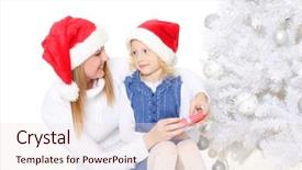  Presentation with pretty girl - Colorful PPT layouts enhanced with pretty girl and her mother with gift box are sitting near christmas tree on a white background backdrop and a sky blue colored foreground