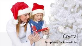  Presentation with pretty girl - Colorful slide deck enhanced with pretty girl and her mother with gift box are sitting near christmas tree on a white background backdrop and a light gray colored foreground