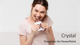  Presentation with pretty girl - PPT theme with pretty girl biting chocolate bar background and a soft green colored foreground
